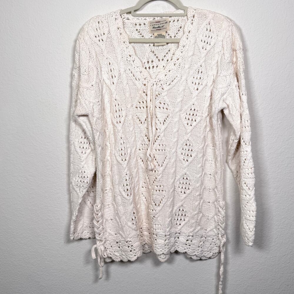 Yarnworks Womens Vintage Hand Knit Chunky Sweater Size S Cotton Ramie Retro